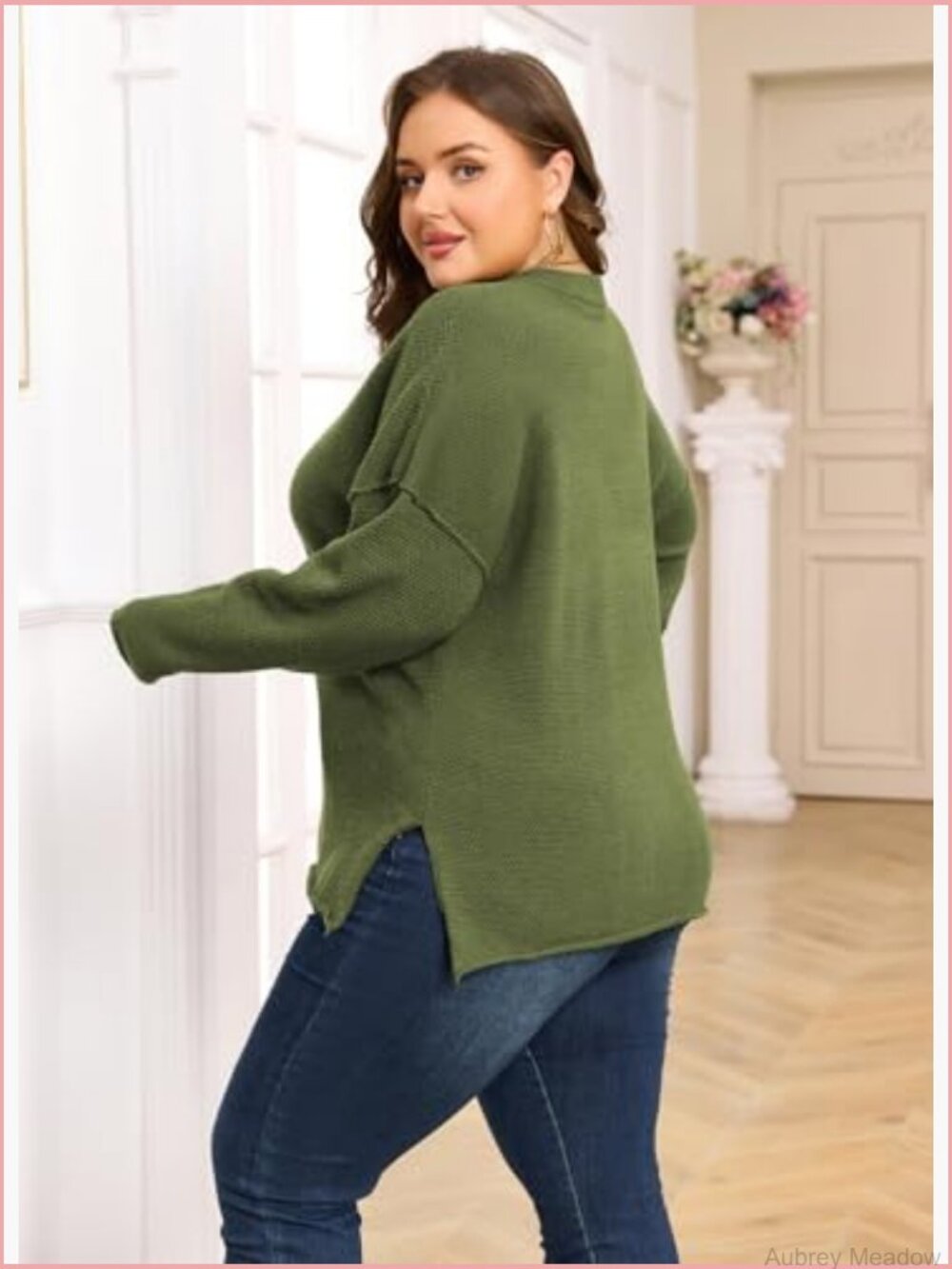 Plus Size Long Sleeve V Neck Button Henley Sweater Top Loose Knit Pullover - Picture 3 of 7